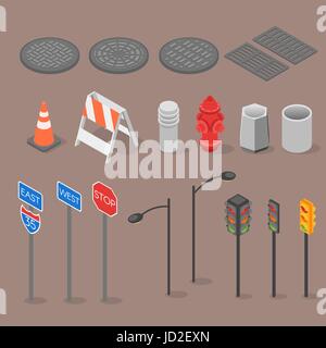 Isometric set icon of city objects. Isometric elements. Traffic light, urn, road sign, sewerage, lamp post, urban, city, 3d, vector. Stock Vector