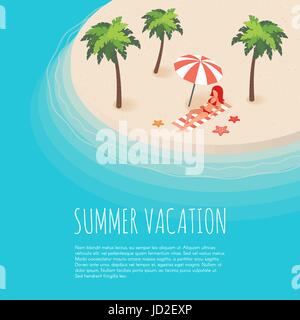 Vector isometric illustration of tropical island with palms. Woman on vacation. Sea. Summer vacation. Vector background Stock Vector