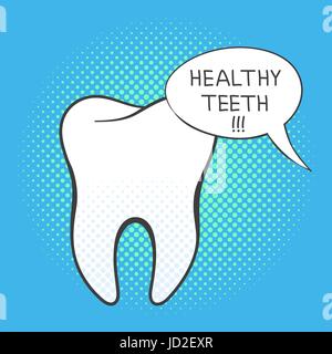 Vector hand drawn pop art illustration of white tooth. Retro style. Hand drawn sign. Illustration for print, web. Speech bubble with the words "Health Stock Vector