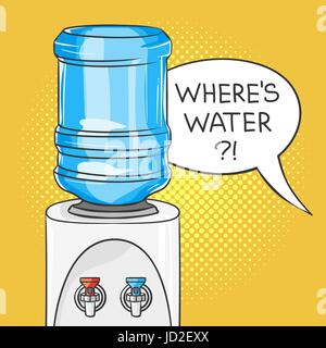 Vector hand drawn pop art illustration of water cooler. Retro style. Hand drawn sign. Illustration for print, web. Speech bubble with the words "Where Stock Vector
