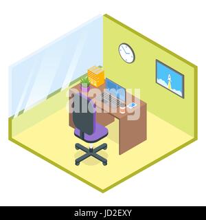Vector isometric modern office room. 3d, computer, telephone, table, chair, coffee, box, cup, plant, folder, vector, clock. Stock Vector