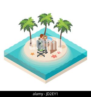 Vector isometric illustration of downshifting lifestyle. Tropical island. Business, man, job, freedom. Stock Vector