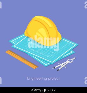 Vector 3d isometric concept of engineering project. Hard hat on the blueprints, ruler and dividers. Stock Vector