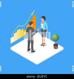 Vector isometric 3d illustration of two business people making deal and shaking hands in agreement. Stock Vector