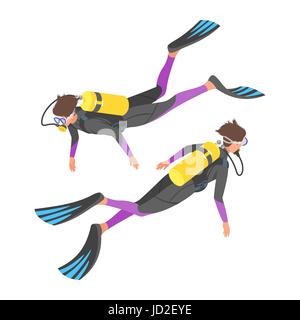 Isometric 3d vector illustration of diver with snorkelling equipment. Stock Vector