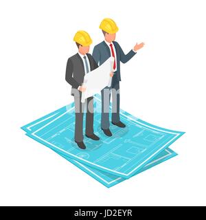 Vector 3d isometric concept of businessman or engineer in hard hat with architectural plan standing on blueprints. Stock Vector