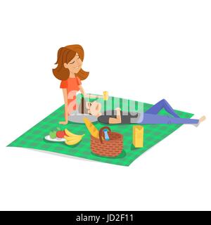 Vector cartoon style illustration of young happy couple having picnic. White background. Summer romantic vacation. Stock Vector