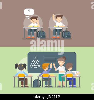 Vector illustration of kids at school. Back to school concept. Teacher and kids on the lesson. Stock Vector