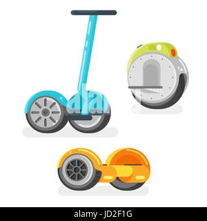 Vector flat style set of battery-powered electric vehicles on white background. Modern ecological transport. Gyro scooter and unicycle scooter. Stock Vector