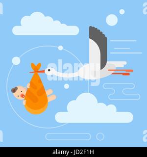 Vector flat style illustration of stork caring a newborn baby in the sky. Template for greeting card. Stock Vector