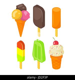 Isometric style 3d vector set of tasty colorful ice cream icon. Isolated on white background. Stock Vector