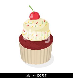 Isometric style 3d vector illustration of cupcake with cherry. Isolated on white background. Stock Vector