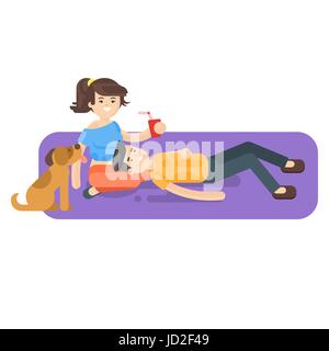Vector flat style illustration of young happy couple having picnic in the park with dog. Summer romantic vacation. Isolated on white background. Stock Vector
