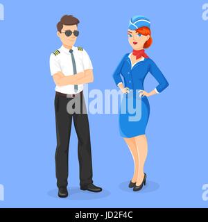 Vector flat style illustration of aircrew: pilot and stewardess. Isolated on blue background. Icon for web. Stock Vector