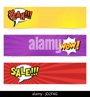 Vector hand drawn pop art banner with speech bubble. Retro style. Hand drawn sign. Illustration for print, web. Yeah, wow, sale. Stock Vector