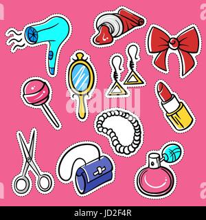Vector set of fashionable patches: hairdryer, pomade, perfume, bead. Modern doodle pop art sketch pins and badges. Hand drawn cute and funny fashion s Stock Vector