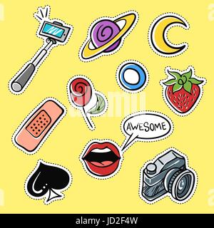 Vector set of fashionable patches: selfie stick, lips, strawberry, moon . Modern doodle pop art sketch pins and badges. Hand drawn cute and funny fash Stock Vector