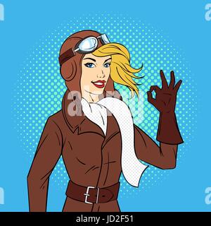 Vector hand drawn pop art style illustration of retro woman pilot. Illustration for print, web. Stock Vector