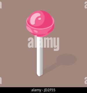 Isometric style 3d vector illustration of pink candy on a stick. Brown background. Stock Vector