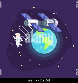Vector flat style illustration of space station and astronaut in outer space. Spaceman orbiting the Earth. Stock Vector