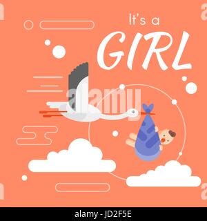 Vector flat style illustration of stork caring a newborn baby in the sky. Template for greeting card. Inscription 'It's a girl'. Stock Vector