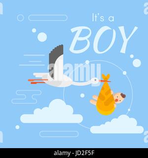 Vector flat style illustration of stork caring a newborn baby in the sky. Template for greeting card. Inscription 'It's a boy'. Stock Vector
