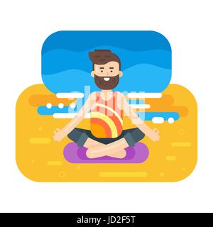 Vector flat style illustration of bearded man doing yoga. Boy in lotus position on the beach. Stock Vector