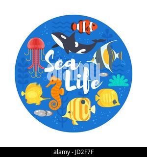 Vector flat style illustration of coralreef, fish and sea life. Icon for web. Isolated on white background. Stock Vector