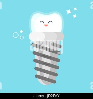 Vector flat style illustration of happy dental implant. Icon for web. Isolated on white background. Stock Vector
