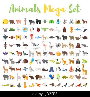 Vector flat style big set of animals. Icon for web. Isolated on white background. Stock Vector