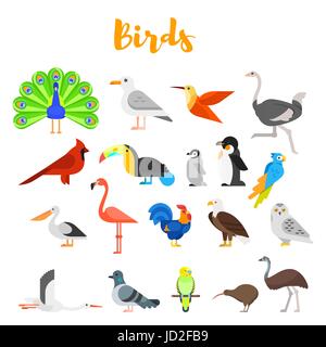 Vector flat style set of birds. Icon for web. Isolated on white background. Stock Vector