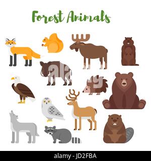 Vector flat style set of forest animals. Icon for web. Isolated on white background. Stock Vector
