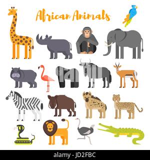 Vector flat style set of African animals. Icon for web. Isolated on white background. Stock Vector