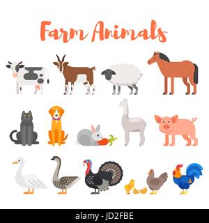 Vector flat style set of farm animals. Icon for web. Isolated on white background. Stock Vector