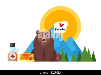 Vector flat style illustration of Canadian maple syrup and bear. Icon for web. Isolated on white background. Stock Vector