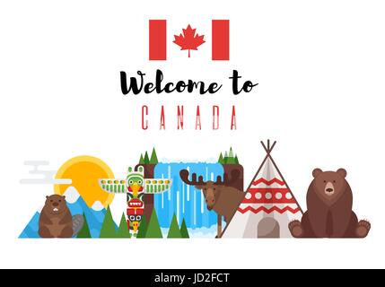 Vector flat style set of Canadian national objects. Icon for web. Isolated on white background. Stock Vector