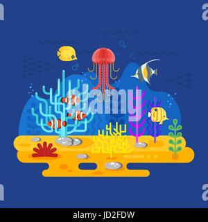 Vector flat style illustration of coral reef with fish. Icon for web. Isolated on blue background. Stock Vector