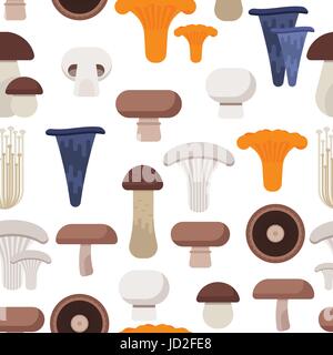 Vector flat style seamless pattern with various eatable mushrooms on white background. Stock Vector