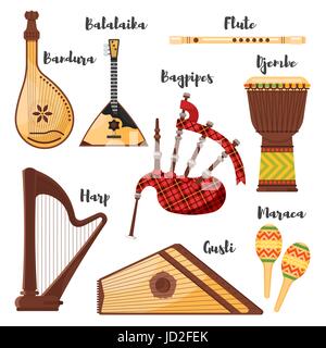 Vector flat style set of various traditional folk musical instruments. Icons for web. Isolated on white background. Stock Vector