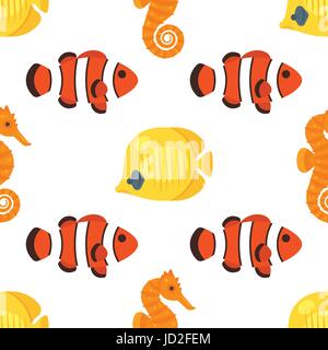 Vector flat style seamless pattern with red and yellow fish. Icon for web. Isolated on white background. Children's wallpaper. Stock Vector