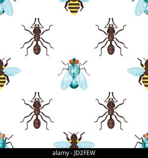 Vector flat style seamless pattern with ants, bees and fly. Icon for web. Isolated on white background. Children's wallpaper. Stock Vector