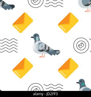 Vector flat style seamless pattern with dove and letter. Icon for web. Isolated on white background. Stock Vector