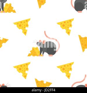 Vector flat style seamless pattern with mouse and cheese. Icon for web. Isolated on white background. Stock Vector