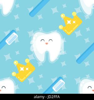 Vector flat style seamless pattern with teeth, golden crown and tooth brush on blue background. Stock Vector