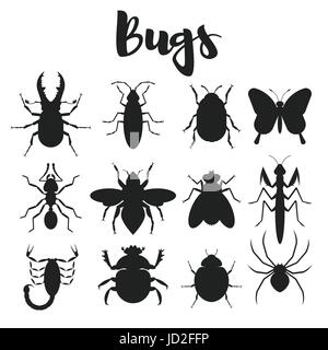 Vector monochrome set of various bugs. Icon for web. Silhouettes isolated on white background Stock Vector