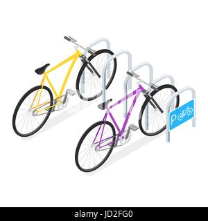Vector Isometric illustration of Bicycle Parking concept in the city. Isolated on white background. Stock Vector
