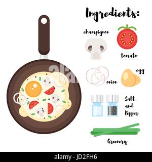 Vector flat style illustration of frying pan with scrambled eggs. Ingredients for breakfast. Icon for web. Isolated on white background. Stock Vector