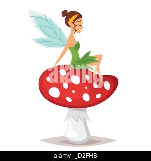 Vector cartoon style illustration of smiling fairy sitting on big red Amanita mushroom. Isolated on white background. Stock Vector