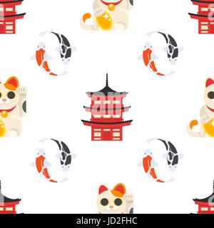 Vector flat style seamless pattern with Japanese maneki neko cat, koi fish and traditional japanese building on white background. Stock Vector