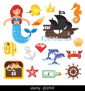 Vector flat style set of sea life icons. Isolated on white background. Stock Vector
